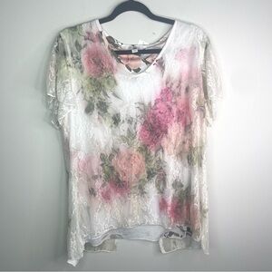 Roz & Ali White,Pink and Green Floral Lace Blouse Size Large
